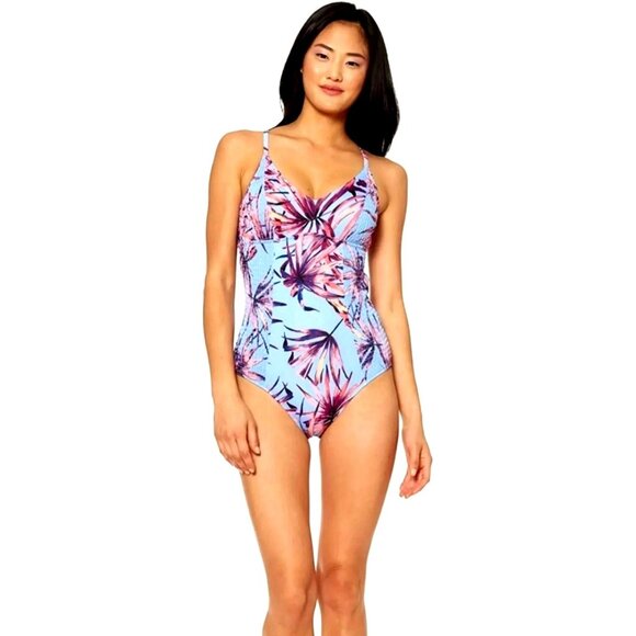 JESSICA SIMPSON One-Piece Tropical Cross Back Smocked Swimwear V-neck Swimsuit S - Picture 1 of 11